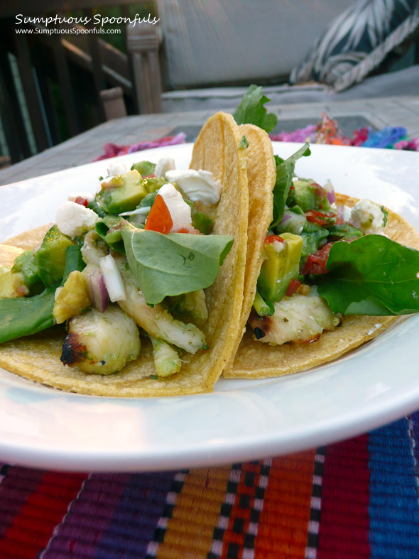 Pesto Grilled Fish Tacos with Avocado Pico de Gallo ~ Sumptuous Spoonfuls #fish #taco #recipe