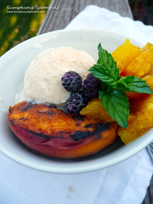 Maple Cinnamon Grilled Peaches &/or Pineapple ~ Sumptuous Spoonfuls #grilled #dessert #recipe