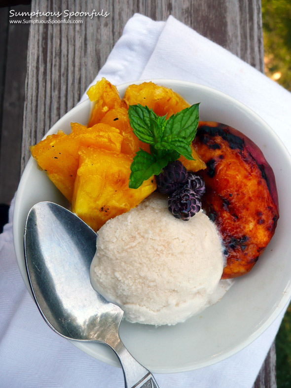 Maple Cinnamon Grilled Peaches &/or Pineapple ~ Sumptuous Spoonfuls #grilled #dessert #recipe