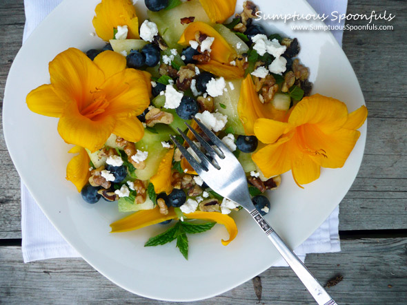 Minted Honeydew Blueberry Walnut Salad w Edible Flowers ~  Sumptuous Spoonfuls #fruit #salad #recipe