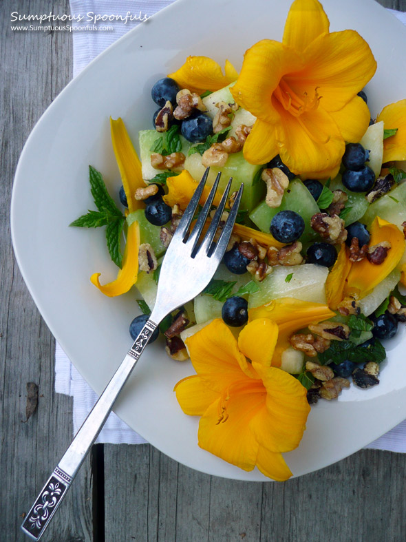 Minted Honeydew Blueberry Walnut Salad w Edible Flowers ~  Sumptuous Spoonfuls #fruit #salad #recipe