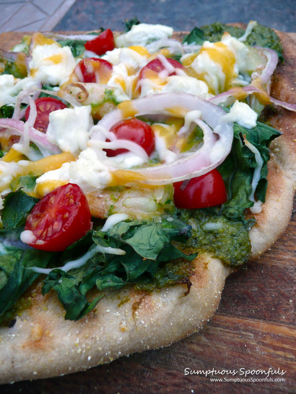Pesto Shrimp & Kale Grilled Pizza ~ Sumptuous Spoonfuls #pizza #recipe