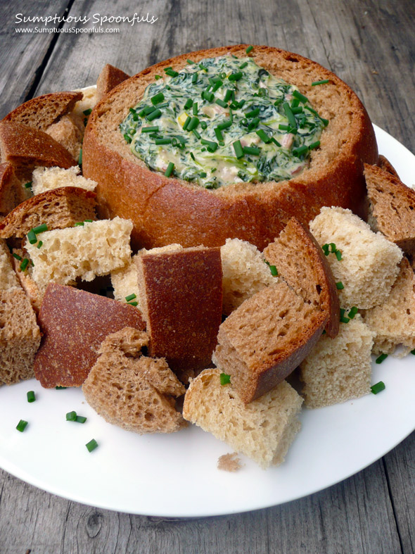 Bacon Spinach Beer Cheese Dip in a Beer Bread Bowl ~ Sumptuous Spoonfuls #dip #recipe