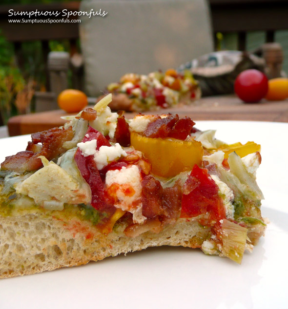 Bacon Artichoke & Tomato Pizza with Pesto & Goat Cheese ~ Sumptuous Spoonfuls #pizza #recipe