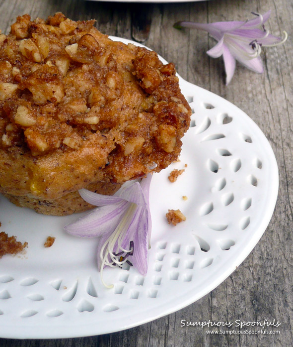 Banana Peach Streusel Muffins ~ Sumptuous Spoonfuls #muffin #recipe