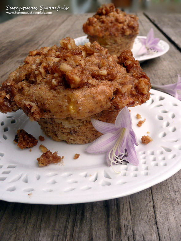 Banana Peach Streusel Muffins ~ Sumptuous Spoonfuls #muffin #recipe
