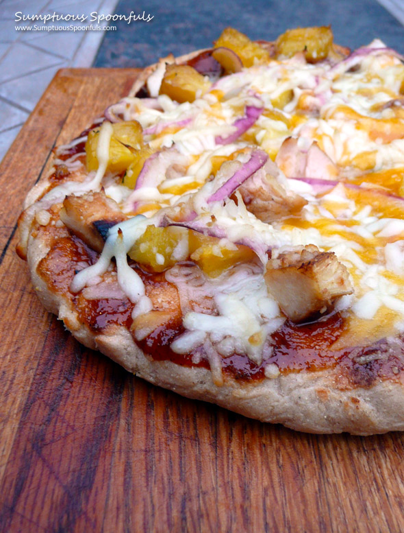 Hawaiian BBQ Chicken Pizza ~ Sumptuous Spoonfuls #pizza #recipe