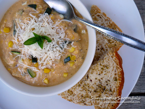 Smoky Asiago Zucchini Corn Soup ~ Sumptuous Spoonfuls #soup #recipe