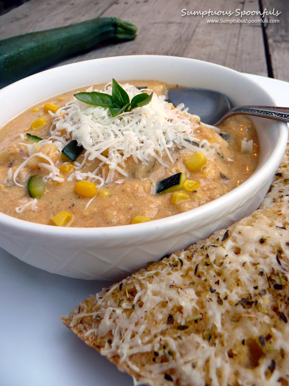 Smoky Asiago Zucchini Corn Soup ~ Sumptuous Spoonfuls #soup #recipe