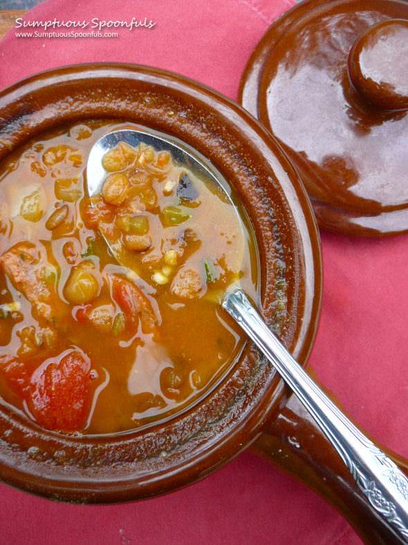 Curried Lentil Tomato Sausage Stew ~ Sumptuous Spoonfuls #lentil #soup #recipe