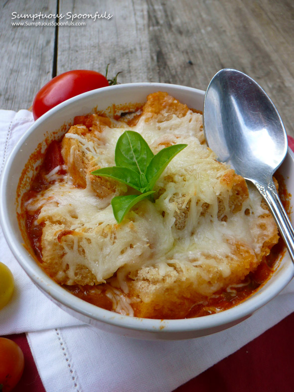 Heirloom Tomato Bruschetta Soup ~ Sumptuous Spoonfuls #easy #soup #recipe