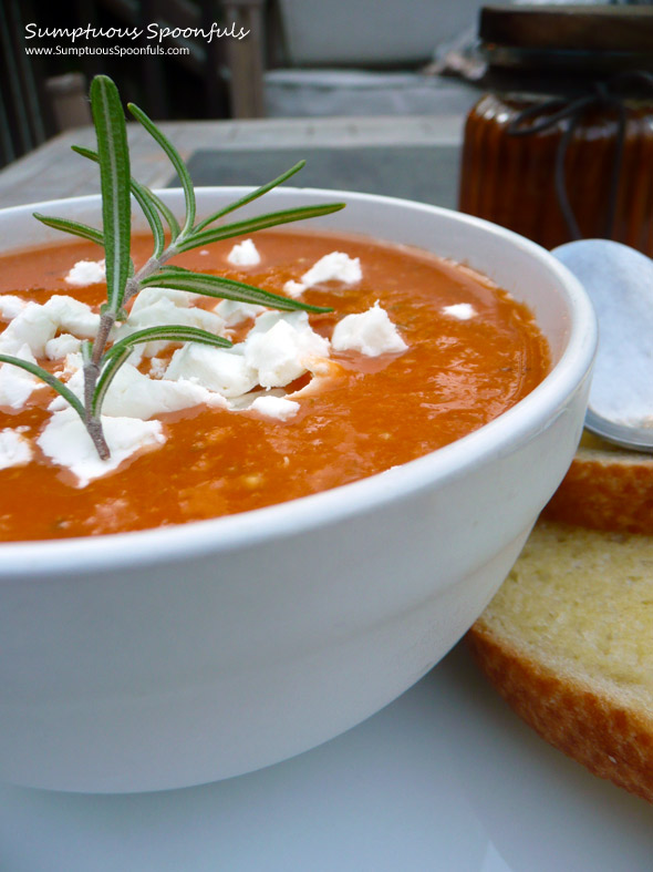 Roasted Eggplant & Tomato Soup with Fresh Herbs & Goat Cheese ~ Sumptuous Spoonfuls #tomato #soup #recipe