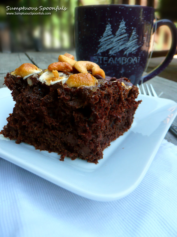 Toasted Marshmallow Cashew Chocolate Zucchini Cake ~ Sumptuous Spoonfuls #cake #recipe