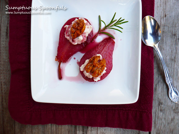 Rosemary Red Wine Poached Pears with Honey Mascarpone & Candied Walnuts ~ Sumptuous Spoonfuls #dessert #recipe
