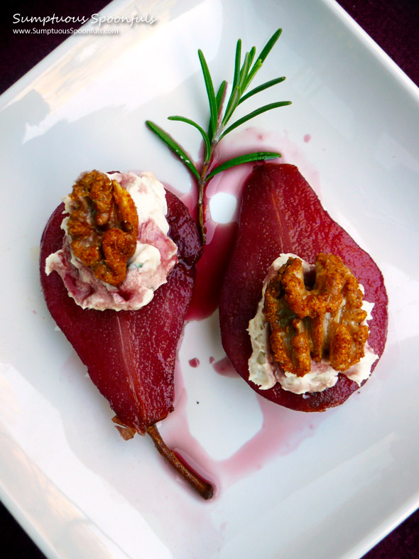 Rosemary Red Wine Poached Pears with Honey Mascarpone & Candied Walnuts ~ Sumptuous Spoonfuls #dessert #recipe