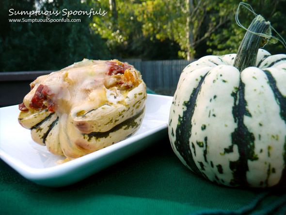 Sausage & Pepper Stuffed Sweet Dumpling Squash ~ Sumptuous Spoonfuls #squash #recipe