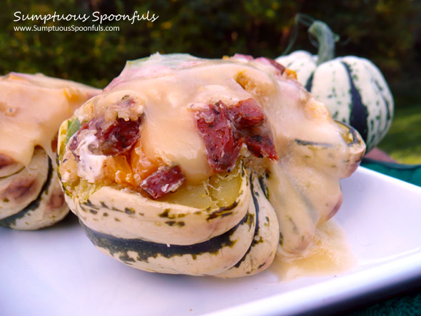 Sausage & Pepper Stuffed Sweet Dumpling Squash ~ Sumptuous Spoonfuls #squash #recipe