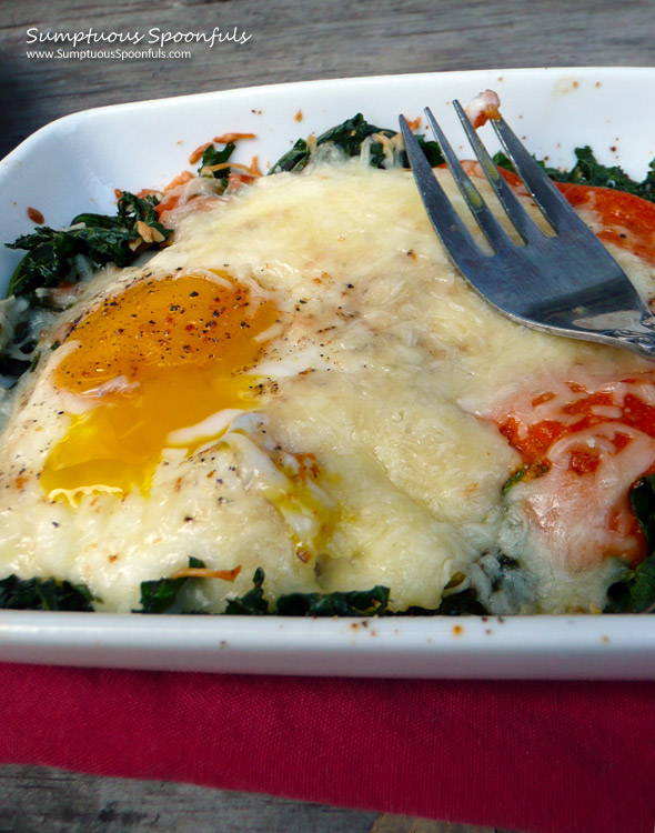 Baked Eggs Romesco with Kale ~ Sumptuous Spoonfuls #breakfast #recipe