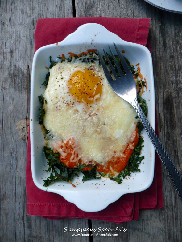 Baked Eggs Romesco with Kale ~ Sumptuous Spoonfuls #breakfast #recipe
