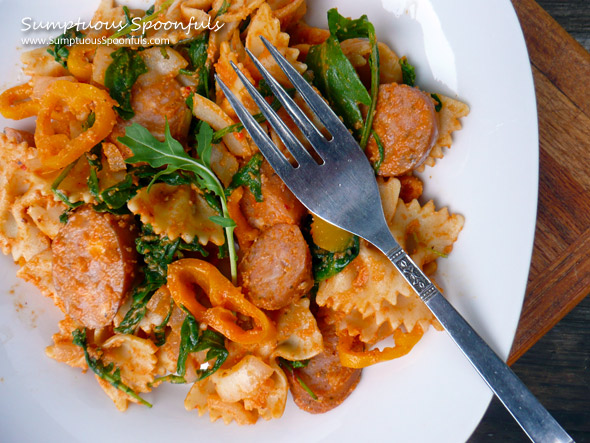 Farfalle Romesco with Sausage & Arugula ~ Sumptuous Spoonfuls #pasta #recipe
