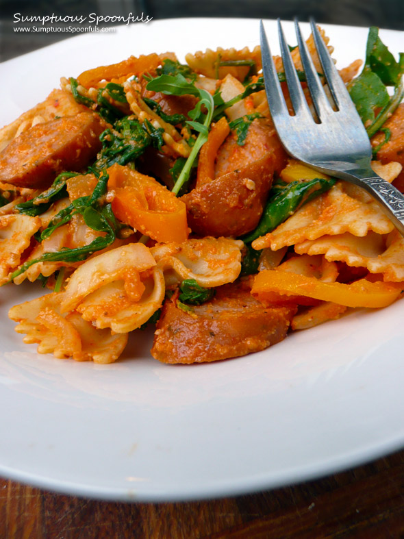 Farfalle Romesco with Sausage & Arugula ~ Sumptuous Spoonfuls #pasta #recipe