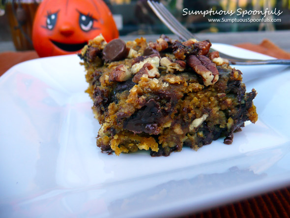 Gluten Free Pumpkin Chocolate Chip Bars ~ Sumptuous Spoonfuls #dessert #recipe