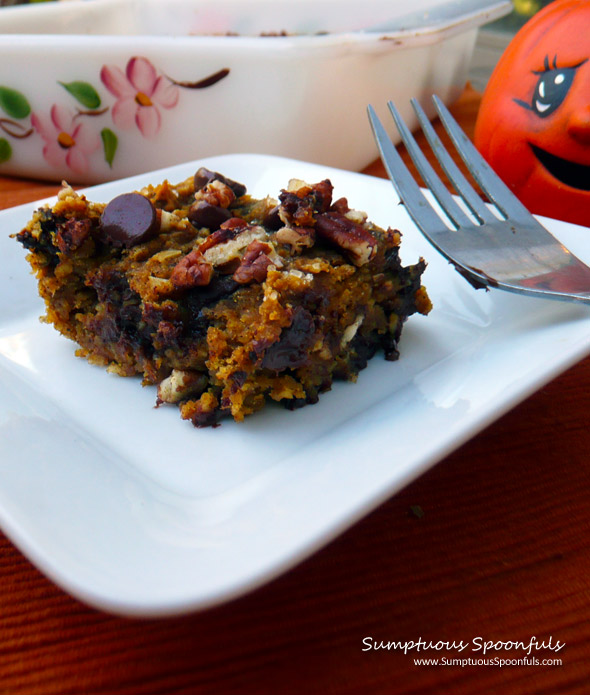 Gluten Free Pumpkin Chocolate Chip Bars ~ Sumptuous Spoonfuls #dessert #recipe