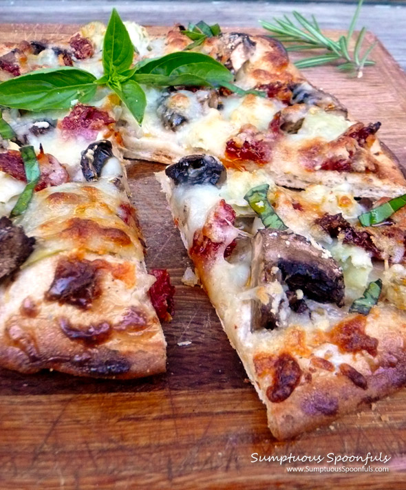 Mushroom Artichoke Sundried Tomato Ranch Pizza ~ Sumptuous Spoonfuls #pizza #recipe