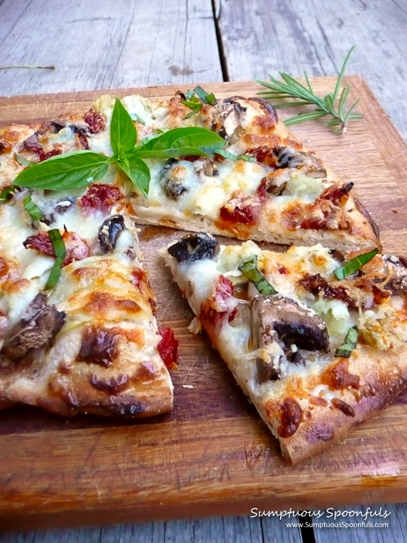 Mushroom Artichoke Sundried Tomato Ranch Pizza ~ Sumptuous Spoonfuls #pizza #recipe