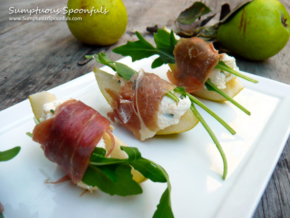 Prosciutto Wrapped Blue Cheese Pear Bites ~ Sumptuous Spoonfuls #appetizer #recipe
