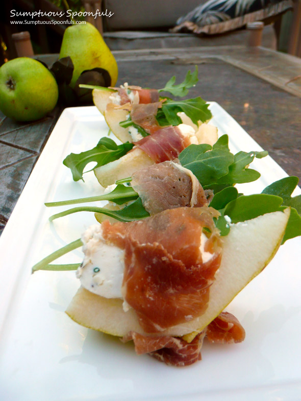 Prosciutto Wrapped Blue Cheese Pear Bites ~ Sumptuous Spoonfuls #appetizer #recipe
