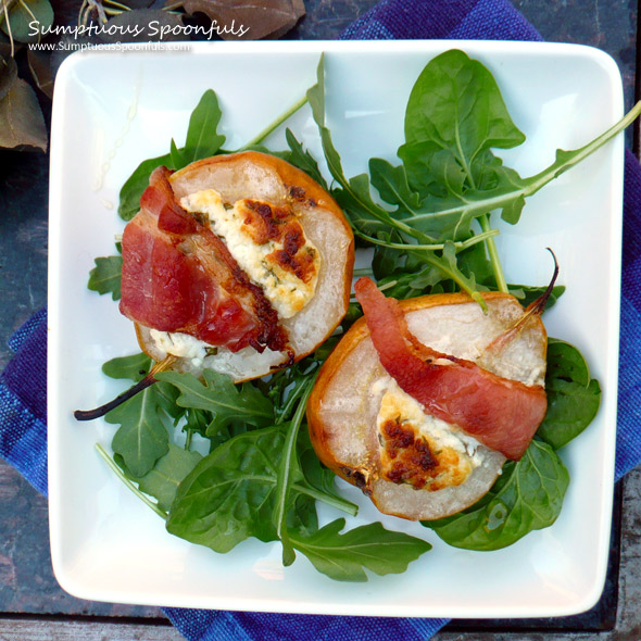 Roasted Pears with Herbed Goat Cheese & Bacon ~ Sumptuous Spoonfuls #pear #recipe