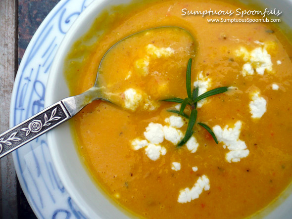 Rosemary Butternut Soup with Goat Cheese ~ Sumptuous Spoonfuls #soup #recipe