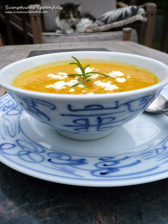 Rosemary Butternut Soup with Goat Cheese ~ Sumptuous Spoonfuls #soup #recipe