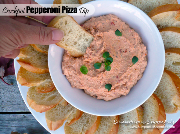 Crockpot Pepperoni Pizza Dip ~ Sumptuous Spoonfuls #appetizer #recipe