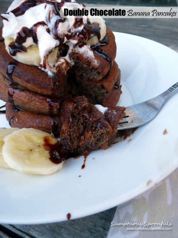 Double Chocolate Banana Pancakes ~ Sumptuous Spoonfuls #chocolate #breakfast #recipe