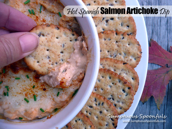 Hot Spanish Salmon Artichoke Dip ~ Sumptuous Spoonfuls #appetizer #recipe