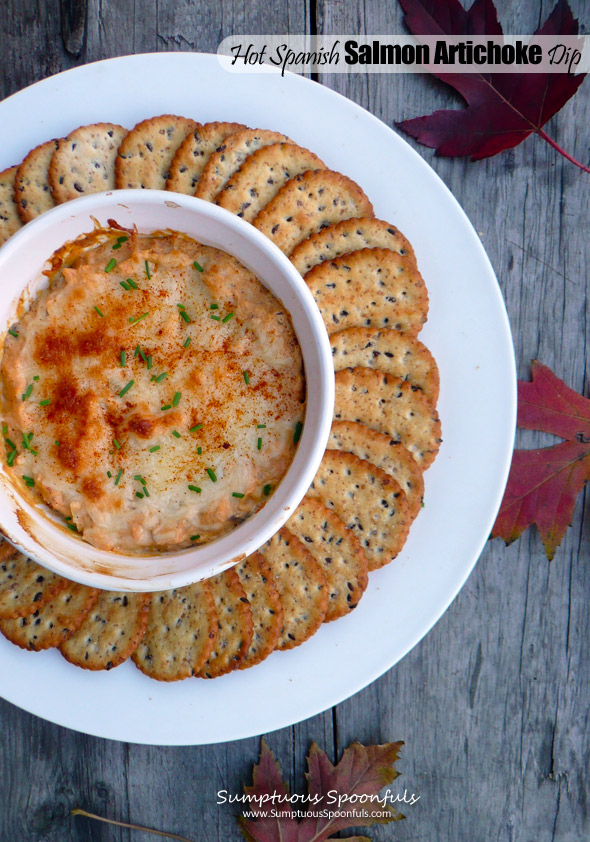 Hot Spanish Salmon Artichoke Dip ~ Sumptuous Spoonfuls #appetizer #recipe