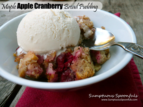 Maple Apple Cranberry Bread Pudding ~ Sumptuous Spoonfuls #dessert #recipe