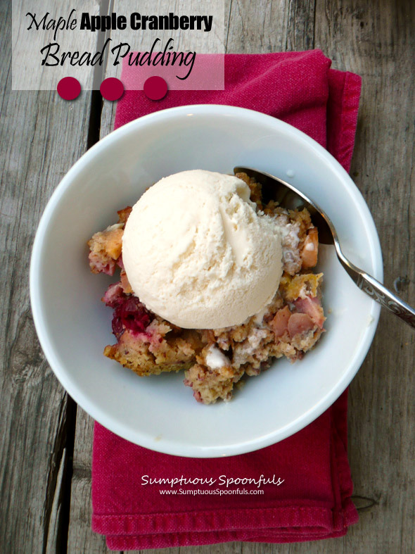 Maple Apple Cranberry Bread Pudding ~ Sumptuous Spoonfuls #dessert #recipe