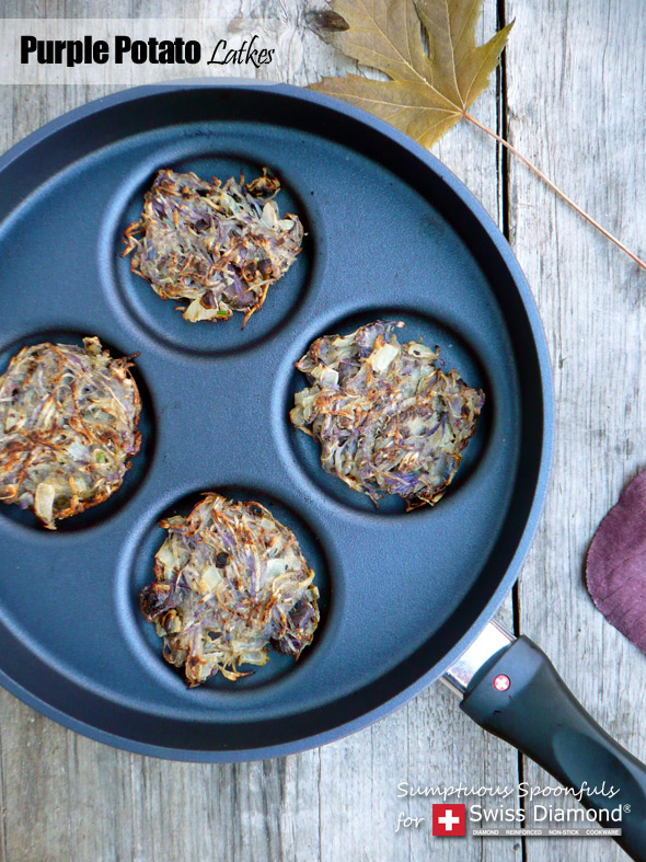 Purple Potato Latkes, made in the Swiss Diamond Pancake Pan ~ Sumptuous Spoonfuls #potato #pancake #recipe