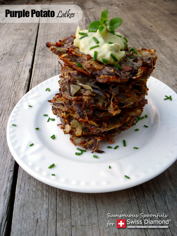 Purple Potato Latkes with Avocado Artichoke Dipping Sauce ~ Sumptuous Spoonfuls #potato #pancake #recipe