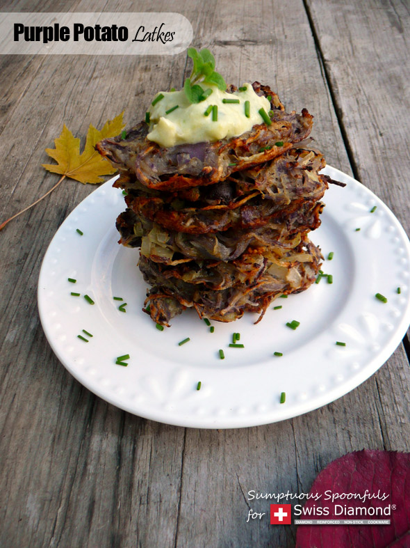 Purple Potato Latkes with Avocado Artichoke Dipping Sauce ~ Sumptuous Spoonfuls #potato #pancake #recipe