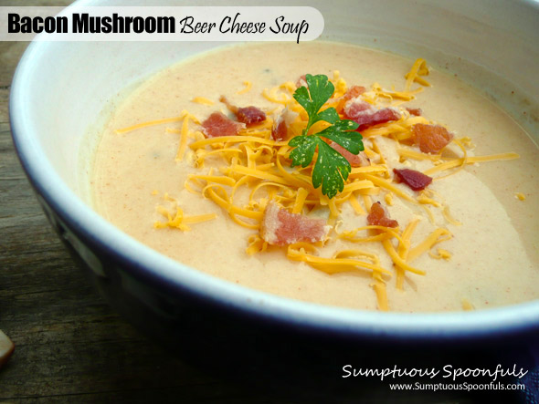 Bacon Mushroom Beer Cheese Soup ~ Sumptuous Spoonfuls #soup #recipe