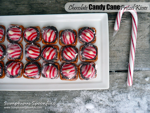 Chocolate Candy Cane Pretzel Kisses ~ Sumptuous Spoonfuls #easy #holiday #recipe