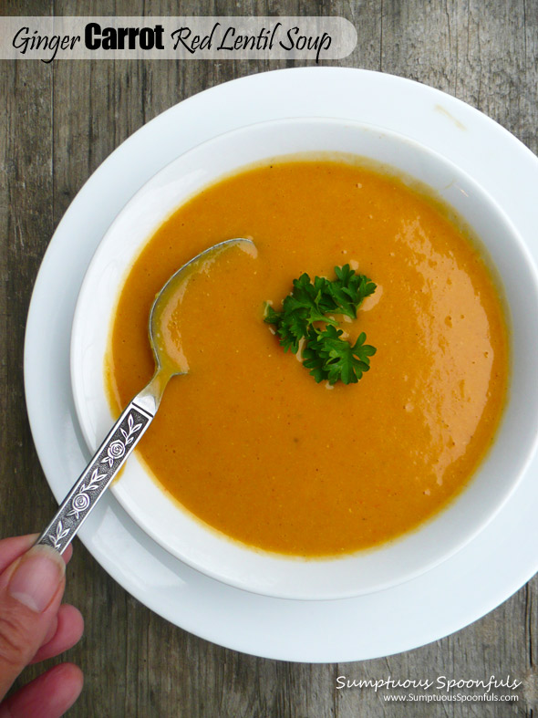 Ginger Carrot Red Lentil Soup ~ Sumptuous Spoonfuls #soup #recipe