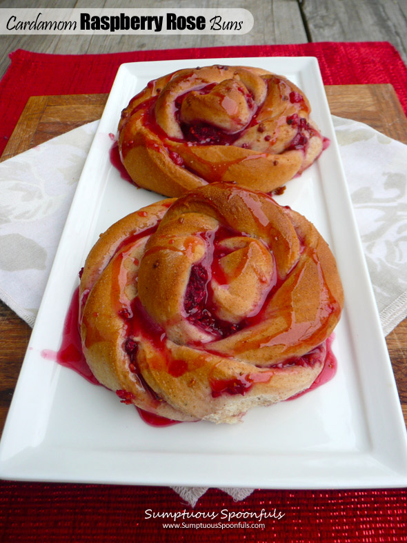 Cardamom Raspberry Rose Buns ~ Sumptuous Spoonfuls #sweet #bread #recipe