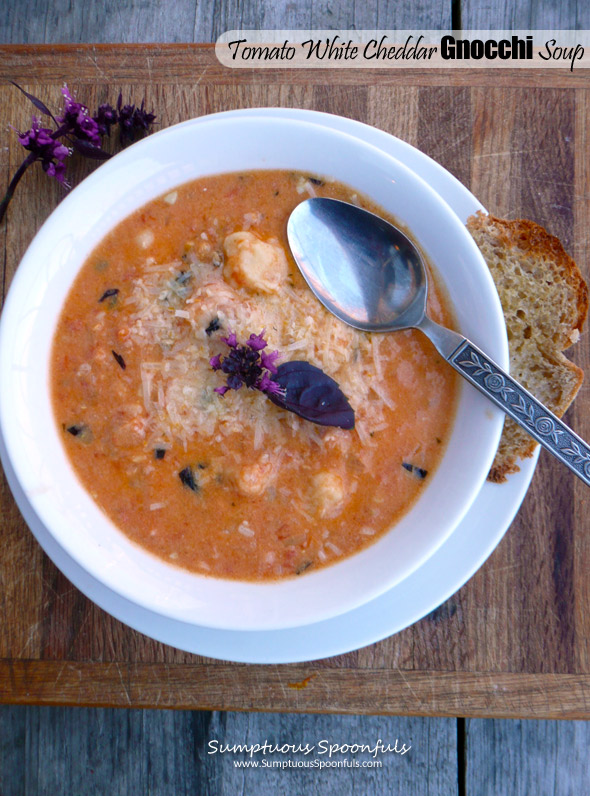 Tomato White Cheddar Gnocchi Soup ~ Sumptuous Spoonfuls #soup #recipe