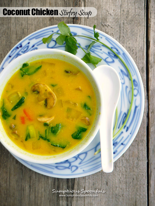 Coconut Chicken Stirfry Soup ~ Sumptuous Spoonfuls #soup #recipe