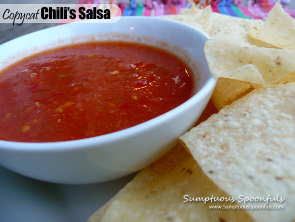 Copycat Chili's Salsa ~ Insanely EASY salsa recipe that tastes like Chili's salsa from Sumptuous Spoonfuls